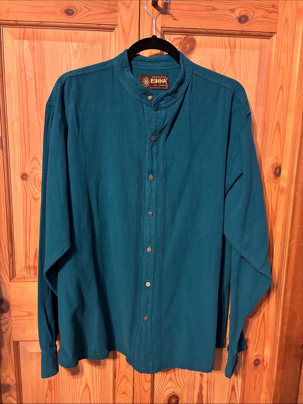 Ishka Teal Button-Front Band Collar 100% Cotton Shirt